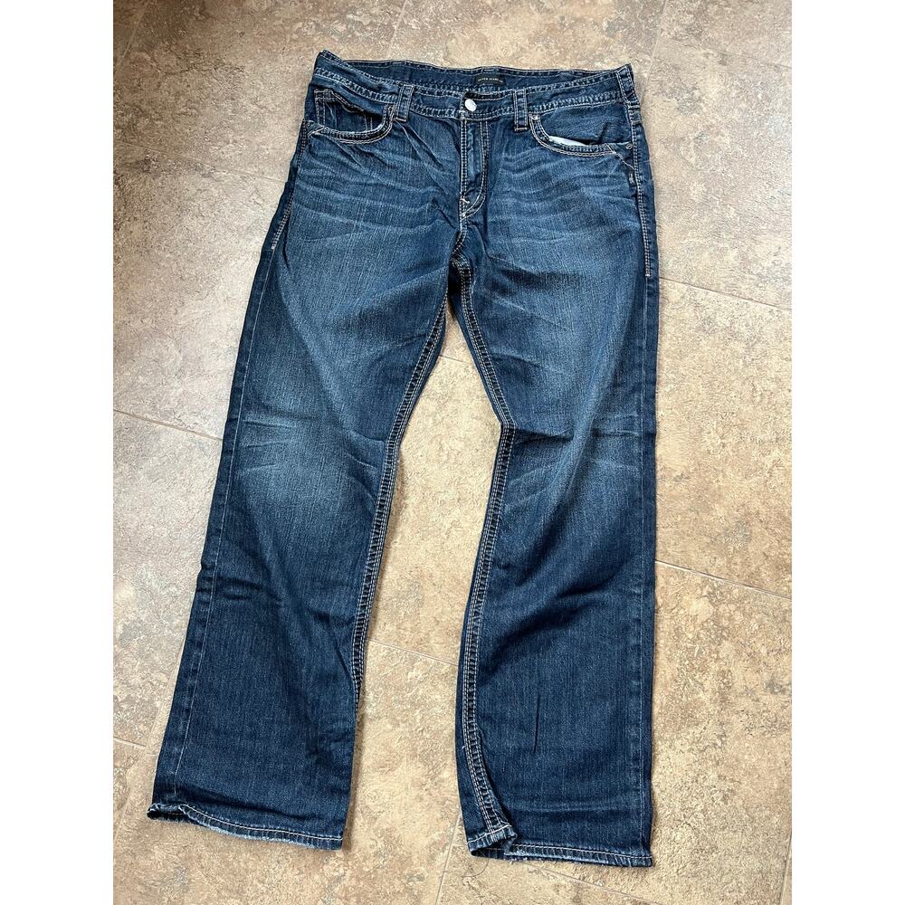 Silver Gordie Comfort Loose Fit Straight Stretch Jeans, Men's Size 38/34